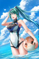 Rule 34 | 1girl, :d, aqua eyes, aqua hair, ball, bare arms, bare shoulders, beachball, bird, blue sky, breasts, character name, cloud, cloudy sky, competition swimsuit, covered navel, day, female focus, fingernails, hair between eyes, happy, high ponytail, highres, large breasts, long hair, matching hair/eyes, nintendo, ocean, one-piece swimsuit, open mouth, outdoors, pneuma (xenoblade), ponytail, redpoke, seagull, sky, smile, solo, spoilers, swimsuit, teeth, thighs, tiara, tora (xenoblade 2), very long hair, wading, water, xenoblade chronicles (series), xenoblade chronicles 2