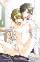 Rule 34 | 2boys, bed, belt, blonde hair, censored, cotton ball, doctor, glasses, handjob, infirmary, male focus, medical, multiple boys, nipples, open clothes, open shirt, patient, penis, school, school uniform, shirt, tagme, tweezers, undressing, yaoi