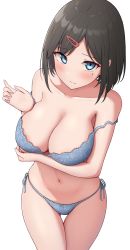 Rule 34 | 1girl, absurdres, arm under breasts, bare shoulders, black hair, blue bra, blue eyes, blue panties, blush, bra, breast hold, breasts, cleavage, closed mouth, collarbone, commentary request, cowboy shot, eyelashes, fingernails, gluteal fold, hair ornament, hairclip, hand up, highres, lace, lace-trimmed bra, lace-trimmed panties, lace trim, large breasts, legs together, looking at viewer, midriff, mole, mole under eye, navel, original, panties, short hair, side-tie panties, simple background, solo, spaghetti strap, standing, stomach, strap slip, string panties, thigh gap, topgear, underwear, white background