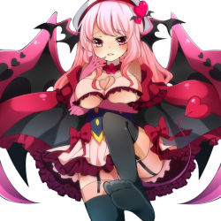 Rule 34 | 1girl, breasts, choker, demon girl, demon wings, elbow gloves, feet, female focus, garter belt, garter straps, gloves, head wings, large breasts, leg lift, legs, long hair, official art, otome tensei grimoire den, pink eyes, pink hair, simple background, skirt, solo, tail, thighhighs, toes, toma tokage, white background, wings
