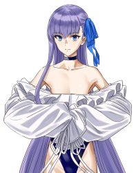 1girl bare_shoulders blue_eyes blue_one-piece_swimsuit blue_ribbon breasts choker collarbone fate/grand_order fate_(series) frills hair_between_eyes highleg highleg_one-piece_swimsuit highres long_hair long_sleeves looking_at_viewer meltryllis meltryllis_(fate) meltryllis_(swimsuit_lancer)_(fate) meltryllis_(swimsuit_lancer)_(second_ascension)_(fate) michihasu one-piece_swimsuit puffy_sleeves purple_hair ribbon simple_background sleeves_past_fingers sleeves_past_wrists small_breasts smile solo swimsuit very_long_hair white_background