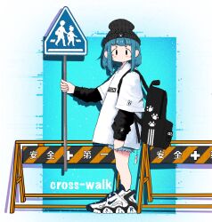 Rule 34 | 1girl, adidas, aqua background, backpack, bag, beanie, black bag, black hat, black sweater, blue hair, blue shorts, border, commentary request, denim, denim shorts, from side, full body, hat, highres, holding, holding sign, layered sleeves, long sleeves, looking at viewer, looking to the side, nao97122, nike (company), original, outside border, paw print, price tag, road sign, shirt, shoes, short hair, short over long sleeves, short sleeves, shorts, sidelocks, sign, sneakers, solo, standing, streetwear, sweater, t-shirt, tareme, traffic barrier, white border, white footwear, white shirt