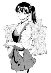 Rule 34 | 1girl, commentary request, flower, from side, greyscale, hakama, hakama short skirt, hakama skirt, hiro (chumo), japanese clothes, kaga (kancolle), kantai collection, light smile, lily (flower), long hair, looking at viewer, looking to the side, monochrome, muneate, own hands together, pleated skirt, side ponytail, skirt, solo, tasuki
