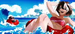 1girl arm_behind_head bare_shoulders bikini blue_eyes breasts brown_hair cloud eyewear_on_head highres mikhism ocean open_mouth original red_bikini short_hair signature sky strapless strapless_bikini sunglasses swim_ring swimsuit underboob water waves wet white_hair