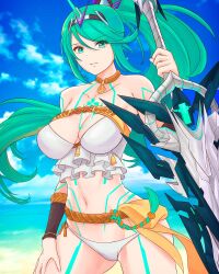 Rule 34 | 1girl, absurdres, alternate costume, beach, bikini, body markings, breasts, chest jewel, choker, frilled bikini, frills, greatsword, green eyes, hand on own leg, highres, holding, holding sword, holding weapon, jewelry, large breasts, long hair, looking at viewer, navel, necklace, pneuma (xenoblade), ponytail, shell, shell necklace, smile, solo, swimsuit, sword, tiara, truejekart, very long hair, weapon, white bikini, xenoblade chronicles (series), xenoblade chronicles 2