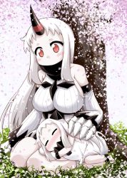 Rule 34 | 10s, 2girls, abyssal ship, albino, bare shoulders, barefoot, blush, breasts, claws, closed eyes, colored skin, covered mouth, detached sleeves, dress, full body, grass, horns, kantai collection, lap pillow, large breasts, long hair, looking at another, lying, lying on person, mittens, multiple girls, northern ocean princess, nose blush, on ground, on side, pale skin, petals, red eyes, ribbed dress, seaport princess, short dress, single horn, sleeping, sleeveless, sleeveless dress, spring (season), sweater, sweater dress, tree, under tree, very long hair, white dress, white hair, white skin, yamato nadeshiko
