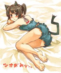 Rule 34 | 1girl, amagai tarou, animal ears, bare legs, bare shoulders, barefoot, blush, brown hair, cat ears, cat tail, feet, legs, looking back, lying, on side, original, ponytail, solo, tail, thighs, underwear, underwear only