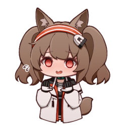 Rule 34 | 1girl, @ @, angelina (arknights), animal ear fluff, animal ears, arknights, black gloves, black shirt, blush, brown hair, chibi, cropped torso, flying sweatdrops, gloves, grey jacket, hairband, hands up, jacket, long sleeves, lowres, lxjun 09, nervous smile, nose blush, open clothes, open jacket, puffy long sleeves, puffy sleeves, red eyes, red hairband, shirt, simple background, smile, solo, striped clothes, striped hairband, tail, twintails, upper body, white background