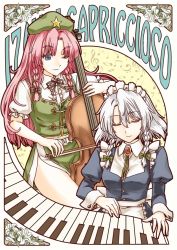 Rule 34 | 2girls, abo (hechouchou), apron, art nouveau, bass clef, beamed quavers, blue eyes, bow, bow (music), braid, cello, cover, closed eyes, female focus, flat sign, flower, hair bow, hat, hong meiling, instrument, italian text, izayoi sakuya, keyboard (instrument), lily (flower), long hair, maid headdress, multiple girls, musical note, one eye closed, quaver, quaver rest, red hair, sharp sign, side slit, silver hair, smile, star (symbol), text focus, touhou, treble clef, twin braids, wink