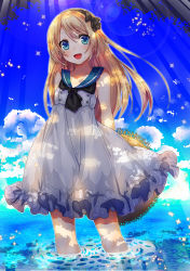Rule 34 | 1girl, adapted costume, black neckerchief, blonde hair, blue eyes, blue sky, blush, cloud, cloudy sky, day, dress, hair between eyes, hat, highres, jervis (kancolle), kantai collection, long dress, long hair, looking at viewer, neckerchief, ocean, open mouth, outdoors, school uniform, serafuku, sky, solo, straw hat, suou sakura, wading