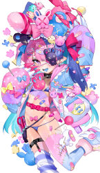 Rule 34 | + +, 1girl, :d, aano (10bit), absurdres, arm up, bandaid, bandaid hair ornament, bikini, blue bikini, blue footwear, blue hair, blue jacket, blue panties, blue tongue, colored tongue, commentary request, ear piercing, eyepatch, hair ornament, highres, jacket, jigsaw puzzle, looking at viewer, lowleg, lowleg bikini, micro bikini, multicolored hair, navel, open clothes, open jacket, open mouth, original, panties, patchwork skin, piercing, pink hair, pointy ears, purple eyes, pushpin, puzzle, puzzle piece, sharp teeth, simple background, smile, solo, standing, standing on one leg, striped clothes, striped thighhighs, stuffed animal, stuffed rabbit, stuffed toy, swimsuit, teddy bear, teeth, thighhighs, two-tone hair, underwear, white background, x x