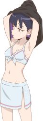 Rule 34 | 1girl, armpits, bikini, black hair, colored inner hair, do it yourself!!, highres, midiman, multicolored hair, navel, purple hair, red eyes, sarong, short hair, solo, suride miku, sweatdrop, swimsuit, two-tone hair, undressing, white background