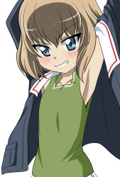 Rule 34 | 1girl, alternate costume, armpits, arms up, blonde hair, blue eyes, blue jacket, blush, commentary, flat chest, girls und panzer, green shirt, grin, highres, jacket, katyusha (girls und panzer), long sleeves, looking at viewer, military, military uniform, ooarai military uniform, open clothes, open jacket, shirt, short hair, simple background, smile, smirk, solo, tank top, uniform, upper body, v-shaped eyebrows, wakku kan, white background
