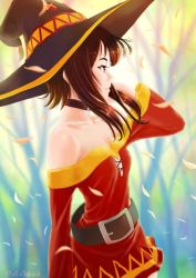 Rule 34 | bare shoulders, belt, button eyes, buttons, collar, collarbone, dated, dress, from side, hat, highres, kono subarashii sekai ni shukufuku wo!, long sleeves, loose belt, megumin, off-shoulder dress, off shoulder, oshiyon, petals, red dress, red eyes, short hair with long locks, smile, solo, strapless, strapless dress, tunic, wind, witch hat