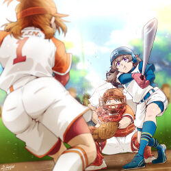 Rule 34 | 1boy, 3girls, :t, absurdres, artist name, baseball bat, baseball catchers mask, baseball glove, baseball helmet, bike shorts, bike shorts under shorts, blue footwear, blue headwear, blue shorts, blue sky, blue socks, blurry, blurry foreground, brown hair, cloud, cloudy sky, commentary, dated, day, delicious party precure, depth of field, frown, futari wa precure splash star, hair tie, helmet, highres, holding, holding baseball bat, hyuuga saki, in-franchise crossover, layered sleeves, leaning forward, long sleeves, low twintails, medium hair, motion blur, multiple girls, nagomi yui, one side up, orange hair, outa yuuko, outdoors, pitching, precure, purple eyes, red footwear, red headwear, red shorts, satou yasu, in-franchise crossover, shoes, short over long sleeves, short sleeves, shorts, signature, sky, sneakers, socks, softball, softball uniform, sportswear, squatting, standing, standing on one leg, twintails, umpire, v-shaped eyes, visor cap, white shorts, white socks