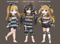 Rule 34 | 3girls, :o, alternate costume, bandaid, bandaid on cheek, bandaid on face, barefoot, baseball bat, black bow, black hair, black skirt, blonde hair, blue eyes, blunt bangs, blush, bow, bow hairband, broken, broken chain, brown background, chain, character name, claw hammer, collar, cowlick, cuffs, full body, grin, hair bow, hairband, hammer, hand up, highres, holding, holding baseball bat, holding behind back, holding hammer, holding industrial pipe, idolmaster, idolmaster cinderella girls, industrial pipe, jougasaki rika, knee pads, lineup, long hair, long sleeves, looking at viewer, mary cochran, matoba risa, midriff, miniskirt, multiple girls, multiple hair bows, nail, nail bat, over shoulder, pants, prison clothes, shackles, shirt, simple background, skirt, smile, spawnfoxy, striped bow, striped clothes, striped pants, striped shirt, tied shirt, tongue, tongue out, torn clothes, torn pants, torn shirt, twintails, two side up, v-shaped eyebrows, weapon, weapon over shoulder, yellow eyes
