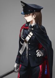 Rule 34 | 1girl, aiguillette, belt, black cape, black jacket, black necktie, black pants, brown eyes, brown hair, cape, carabinieri, closed mouth, commentary, cowboy shot, double vertical stripe, dress shirt, gloves, grey background, hand on own hip, hand on sword, hat, highres, jacket, lain, long hair, long sleeves, looking to the side, necktie, original, pants, peaked cap, police, police hat, police uniform, sam browne belt, scabbard, sheath, shirt, simple background, solo, standing, star (symbol), sword, uniform, weapon, white gloves, white shirt, wing collar