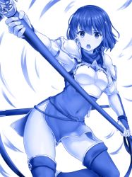 Rule 34 | 1girl, armor, armpits, blue theme, breastplate, catria (fire emblem), fingerless gloves, fire emblem, fire emblem: mystery of the emblem, fire emblem heroes, gloves, highres, holding, inanaki shiki, monochrome, nintendo, open mouth, polearm, sheath, sheathed, short hair, shoulder armor, side slit, solo, thighhighs, two-handed, v-shaped eyebrows, weapon