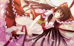 Rule 34 | 1girl, bakanoe, bow, feet, hair bow, hakurei reimu, highres, japanese clothes, long hair, looking at viewer, midriff, miko, no shoes, red eyes, ribbon, sketch, skirt, solo, embodiment of scarlet devil, thighhighs, touhou
