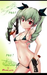 Rule 34 | 10s, 1girl, :q, aircraft, airplane, anchovy (girls und panzer), aqua hair, armpits, artist name, bad id, bad nicoseiga id, bare arms, bare shoulders, bikini, black bikini, black ribbon, blush, breasts, cleavage, closed mouth, collarbone, contrapposto, drill hair, dual wielding, franz (217franz), girls und panzer, gun, hair ribbon, handgun, highres, holding, holding gun, holding weapon, long hair, looking at viewer, machine pistol, micro bikini, military, military vehicle, motor vehicle, navel, pistol, propeller, red eyes, revolver, ribbon, simple background, small breasts, smile, smiley face, solo, standing, stomach, swimsuit, tank, tongue, tongue out, trigger discipline, tsurime, twin drills, twintails, vehicle, weapon, white background