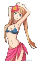 Rule 34 | 1girl, armpits, bare shoulders, bikini, blue eyes, breasts, brown hair, cleavage, coma2, elle mel marta, flower, groin, long hair, navel, simple background, smile, solo, swimsuit, tales of (series), tales of xillia, tales of xillia 2, twintails