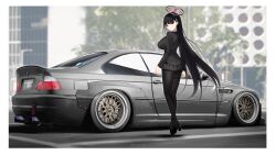 Rule 34 | 1girl, absurdres, black footwear, black hair, black pantyhose, black skirt, black suit, blue archive, blunt bangs, bmw, bmw 3 series, bmw e46, bmw m3, breasts, bright pupils, car, formal, full body, hair ornament, hairclip, halo, high heels, highres, jun project, large breasts, long hair, long sleeves, miniskirt, motor vehicle, pantyhose, pleated skirt, red eyes, rio (blue archive), skirt, solo, standing, suit, very long hair