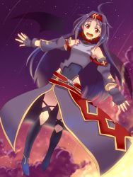 Rule 34 | 10s, 1girl, armor, bat wings, black hair, breastplate, detached sleeves, fingerless gloves, gloves, hairband, kikiterrier, leotard, long hair, open mouth, outstretched arms, pointy ears, red eyes, sky, spread arms, star (sky), starry sky, sword, sword art online, weapon, wings, yuuki (sao)