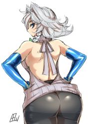 Rule 34 | 1girl, alternate costume, ass, back, backless outfit, bare shoulders, black pantyhose, blue eyes, blue gloves, braid, breasts, cowboy shot, elbow gloves, expressionless, from behind, gloves, half-closed eye, hands on own hips, highres, izayoi sakuya, latex, latex gloves, looking at viewer, looking back, maid headdress, meme attire, pantyhose, shiny clothes, short hair, sideboob, signature, silver hair, simple background, sketch, solo, tajima yuuki, thighband pantyhose, touhou, twin braids, uneven eyes, virgin killer sweater, white background