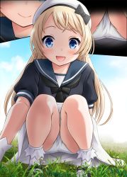 Rule 34 | 1girl, ass, beret, black ribbon, blonde hair, blue eyes, blue sailor collar, blush, breasts, closed mouth, dress, gloves, grass, hair between eyes, hat, highres, jervis (kancolle), kantai collection, long hair, looking at viewer, multiple views, neko danshaku, off-shoulder dress, off shoulder, open mouth, panties, pantyshot, ribbon, sailor collar, sailor dress, sailor hat, short sleeves, sitting, small breasts, smile, squatting, underwear, white dress, white gloves, white panties