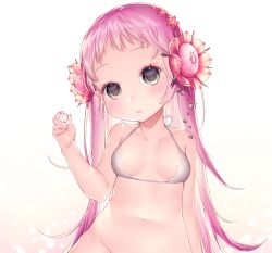 Rule 34 | 1girl, absurdres, bare arms, bare shoulders, bikini, bikini top only, blush, bottomless, breasts, cactus, collarbone, commentary, flower, grey eyes, groin, hair flower, hair ornament, hand up, head tilt, highres, holding, ia (ias1010), long hair, navel, out-of-frame censoring, parted lips, pink flower, pink hair, red flower, small breasts, solidus, solo, swimsuit, thorns, very long hair, white bikini