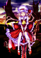 Rule 34 | 1girl, :d, ascot, black wings, blonde hair, chain, cloud, cloudy sky, commentary request, crystal, dress, embellished costume, evening, fangs, flandre scarlet, frills, full body, hat, hat ribbon, highres, in tree, kneehighs, looking away, mary janes, mob cap, open mouth, outdoors, puffy short sleeves, puffy sleeves, red dress, red eyes, red footwear, red ribbon, ribbon, sakushou, sash, shoes, short sleeves, side ponytail, sitting, sitting in tree, skirt, skirt set, sky, smile, socks, solo, sunset, touhou, tree, v arms, white socks, wings