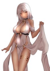Rule 34 | 1girl, absurdres, azur lane, bare shoulders, body markings, breasts, center opening, cleavage, cocktail dress, collarbone, dark-skinned female, dark skin, dress, evening gown, facial mark, forehead mark, halter dress, halterneck, highres, jewelry, large breasts, long hair, looking at viewer, massachusetts (azur lane), massachusetts (dressed to impress) (azur lane), native american, orange eyes, pelvic curtain, pendant, simple background, thighlet, thighs, tnr (horiko1525), white background, white dress, white hair