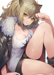 Rule 34 | 1girl, akizone, arknights, bare legs, black choker, black footwear, black jacket, black neckwear, black shorts, breast press, breasts, brown eyes, brown hair, candy, choker, cleavage, closed mouth, collarbone, female focus, food, fur-trimmed jacket, fur trim, highres, holding, holding food, jacket, jacket on shoulders, knee up, large breasts, lion girl, lollipop, long hair, looking at viewer, nail polish, open clothes, open jacket, ponytail, serious, shorts, siege (arknights), simple background, sitting, solo, tank top, very long hair, white background