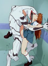 Rule 34 | 1boy, 1girl, blouse, blue eyes, blue skirt, blush, brown hair, clothes lift, collared shirt, the end of evangelion, female orgasm, full body, hair ornament, head back, hetero, indoors, interspecies, leg lift, leg up, licking, long hair, looking up, mass production eva, monster, monster boy, neon genesis evangelion, no eyes, no panties, open mouth, optionaltypo, orgasm, penis, pussy, pussy juice, rape, ryona, school uniform, sex, shirt, skirt, skirt lift, souryuu asuka langley, sweat, sweatdrop, tokyo-3 middle school uniform, tongue, tongue out, uncensored, vaginal, white shirt