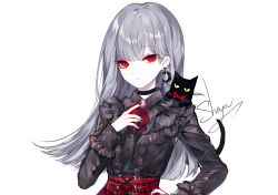 Rule 34 | 1girl, animal, animal on shoulder, artist name, black cat, black choker, black nails, black shirt, brooch, cat, cat on shoulder, chinese commentary, choker, commentary request, crescent, crescent earrings, earrings, hand on own hip, hand up, highres, jewelry, long hair, long sleeves, looking at viewer, nail polish, original, plaid, plaid skirt, red eyes, red neckwear, red skirt, sheya, shirt, signature, silver hair, simple background, skirt, solo, upper body, white background