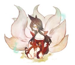 Rule 34 | 1girl, ahri (league of legends), animal ears, bare shoulders, blush, breasts, cleavage, detached sleeves, downblouse, dress, fox ears, fox tail, full body, gwayo, head tilt, kneeling, korean clothes, large breasts, league of legends, long hair, long sleeves, looking at viewer, multiple tails, profile, red dress, simple background, smile, solo, strapless, strapless dress, tail, white background, yellow eyes