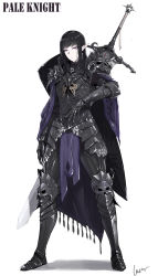 Rule 34 | 1other, absurdres, androgynous, armor, black armor, black hair, cape, character name, commentary request, earrings, elf, fantasy, faulds, full armor, full body, gauntlets, greaves, highres, hime cut, huge weapon, jewelry, laserflip, original, pale skin, pelvic curtain, pointy ears, purple eyes, shield, simple background, solo, standing, sword, weapon, weapon on back, white background, zweihander