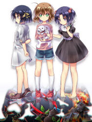 Rule 34 | 3girls, aged down, ahoge, animal, arm at side, arm behind back, barefoot, black dress, black hair, blue hair, blunt ends, braid, brown footwear, brown hair, child, chinese commentary, clannad, closed mouth, commentary request, company connection, crossover, denim, denim shorts, dog, dress, expressionless, feet, flower, frown, full body, grabbing own arm, green eyes, hair between eyes, hair bobbles, hair flower, hair ornament, hair ribbon, heart, holding, holding animal, holding scissors, ichinose kotomi, kanbe kotori, key (company), kurugaya yuiko, little busters!, lliissaawwuu2, long sleeves, looking at viewer, multiple girls, pink flower, pink shirt, profile, puffy short sleeves, puffy sleeves, purple hair, red footwear, reflective floor, rewrite, ribbon, scissors, shirt, shoes, short braid, short hair, short sleeves, shorts, sideways glance, simple background, sneakers, socks, standing, straight-on, toes, twin braids, two side up, wavy hair, white background, white dress, white socks, yellow ribbon