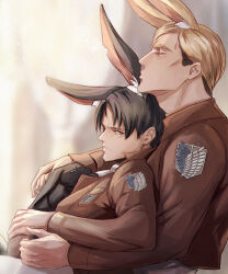 Rule 34 | 2boys, adam&#039;s apple, animal ear fluff, animal ears, ascot, black hair, blonde hair, blush, breast pocket, brown jacket, closed eyes, commentary, english commentary, erwin smith, gravesecrets, grey eyes, highres, jacket, kiss, kissing ear, levi (shingeki no kyojin), light particles, long sleeves, male focus, mature male, multiple boys, muscular, muscular male, paradis military uniform, pocket, rabbit ears, shingeki no kyojin, short hair, sitting, sitting on lap, sitting on person, survey corps (emblem), white ascot, yaoi