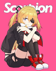 Rule 34 | 1girl, blonde hair, blue eyes, character name, crossed arms, eyepatch, girls&#039; frontline, highres, legs together, looking at viewer, navel, pink background, shoes, shorts, sitting, skorpion (girls&#039; frontline), smile, sneakers, solo, twintails, zukzuk13