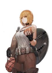 Rule 34 | 1girl, absurdres, belt, blonde hair, boots, bottle, bread, choker, female focus, fingerless gloves, food, gloves, ham, highres, holding, holding food, jun (navigavi), leather, leather pants, original, pants, shield, shortsword (navigavi), simple background, solo, sword, thigh boots, thighhighs, weapon, white background, yellow eyes