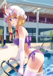 Rule 34 | 1girl, bandeau, bikini, blonde hair, cowboy shot, elbow gloves, from side, gloves, hair between eyes, hat, highres, liyou-ryon, long hair, mob cap, outdoors, pool, purple bikini, purple eyes, side-tie bikini bottom, solo, standing, strapless, strapless bikini, swimsuit, thighhighs, thighs, touhou, white gloves, white hat, white thighhighs, yakumo yukari