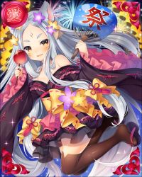 Rule 34 | 1girl, animal ears, bare shoulders, black kimono, blurry, blush, bow, breasts, brown thighhighs, candy apple, card (medium), cleavage, depth of field, facial mark, fireworks, flower, food, forehead, forehead mark, frilled kimono, frilled sleeves, frills, full body, geta, hair bow, hair flower, hair ornament, hand fan, heart, holding, holding food, japanese clothes, kimono, long hair, long sleeves, looking at viewer, low-tied long hair, midair, natsume asato, off shoulder, official art, open clothes, open kimono, orange bow, outdoors, paper fan, parted lips, sengoku bushouki muramasa, silver hair, small breasts, smile, solo, sparkle, tassel, thighhighs, uchiwa, very long hair, whisker markings, wide sleeves, yellow eyes, zettai ryouiki