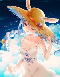 Rule 34 | 1girl, adapted costume, animal ear fluff, animal ears, blue hair, blue sky, blush, braid, breasts, carrot hair ornament, cleavage, cloud, cloudy sky, collarbone, commentary, cowboy shot, day, dress, food-themed hair ornament, hair ornament, hand on headwear, harui (hr x9 ), hat, highres, hololive, light blue hair, long hair, looking at viewer, medium breasts, multicolored hair, off-shoulder dress, off shoulder, one eye closed, outdoors, parted lips, rabbit ears, red eyes, sky, smile, solo, spaghetti strap, straw hat, symbol-only commentary, symbol-shaped pupils, twin braids, twintails, two-tone hair, usada pekora, virtual youtuber, white dress, white hair, wrist cuffs