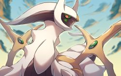 Rule 34 | arceus, cloud, colored sclera, commentary request, creatures (company), day, from below, game freak, gen 4 pokemon, green sclera, katsukare, legendary pokemon, looking down, mythical pokemon, nintendo, no humans, outdoors, pokemon, pokemon (creature), red eyes, sky, solo