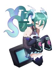 Rule 34 | 1girl, :&lt;, absurdres, bare shoulders, black skirt, black sleeves, black thighhighs, blue hair, closed mouth, creatures (company), detached arm, detached legs, detached sleeves, full body, game freak, ghost miku (project voltage), glitch, gradient hair, green hair, grey shirt, hair between eyes, half-closed eyes, hands up, hatsune miku, highres, long hair, looking at viewer, multicolored hair, necktie, nintendo, pokemon, print sleeves, project voltage, see-through, see-through skirt, shirt, simple background, skirt, sleeveless, sleeveless shirt, sleeves past fingers, sleeves past wrists, solo, television, thighhighs, through medium, through screen, twintails, unmu, very long hair, vocaloid, white background, white necktie, yellow eyes