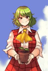 Rule 34 | 1girl, absurdres, akiosketch, cloud, cloudy sky, dress, gloves, green hair, highres, holding, kazami yuuka, looking at viewer, neckerchief, plaid, plaid dress, plant, potted plant, red dress, red eyes, shirt, sketch, sky, sleeves rolled up, smile, solo, touhou, white gloves, white shirt, yellow neckerchief