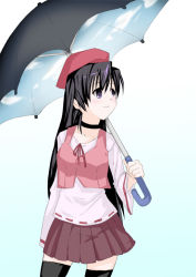Rule 34 | 00s, 1girl, beret, black hair, black thighhighs, blue eyes, expressionless, gradient background, hat, holding, long hair, looking to the side, pleated skirt, purple skirt, shihou matsuri, simple background, skirt, sola, solo, thighhighs, tsukiyo rei, umbrella, zettai ryouiki