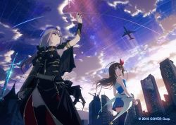 Rule 34 | 2girls, ahoge, aircraft, airplane, arm up, armlet, belt, black cloak, black dress, black legwear, black nails, blue eyes, blue skirt, blue sky, blue thighhighs, blue vest, breasts, brown hair, building, buttons, city, cloak, cloud, cloudy sky, commentary, contrail, cowboy shot, crane (machine), dawn, double-breasted, dress, floating hair, gold trim, hair between eyes, hair ornament, hair ribbon, highres, hololive, hololive alternative, hololive english, light rays, long hair, looking at viewer, looking back, looking up, medium breasts, midriff, miniskirt, mori calliope, multiple girls, nail polish, official art, outdoors, oversized object, parted lips, pink eyes, pink hair, pleated skirt, ribbon, shooting star, side slit, skirt, sky, skyscraper, sleeveless, sleeveless dress, spikes, standing, star (sky), star (symbol), star hair ornament, starry sky, sunlight, sword, thighhighs, tiara, tokino sora, tokino sora (1st costume), vambraces, veil, vest, virtual youtuber, watermark, weapon, wind, wind lift, yamada yuukei, zettai ryouiki