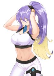 Rule 34 | 1girl, absurdres, alternate costume, alternate hairstyle, armpits, artist name, black gloves, blonde hair, bracelet, breasts, crop top, gloves, gradient hair, hair tie in mouth, high ponytail, highres, hololive, hololive indonesia, jewelry, large breasts, lazycoffee (wyen iscordo), midriff, moona hoshinova, mouth hold, multicolored eyes, multicolored hair, navel, one eye closed, pants, purple eyes, purple hair, ring fit adventure, shirt, sidelocks, simple background, solo, starry hair, sweat, taut clothes, taut shirt, thigh strap, thighs, tying hair, virtual youtuber, white background, white pants, yellow eyes